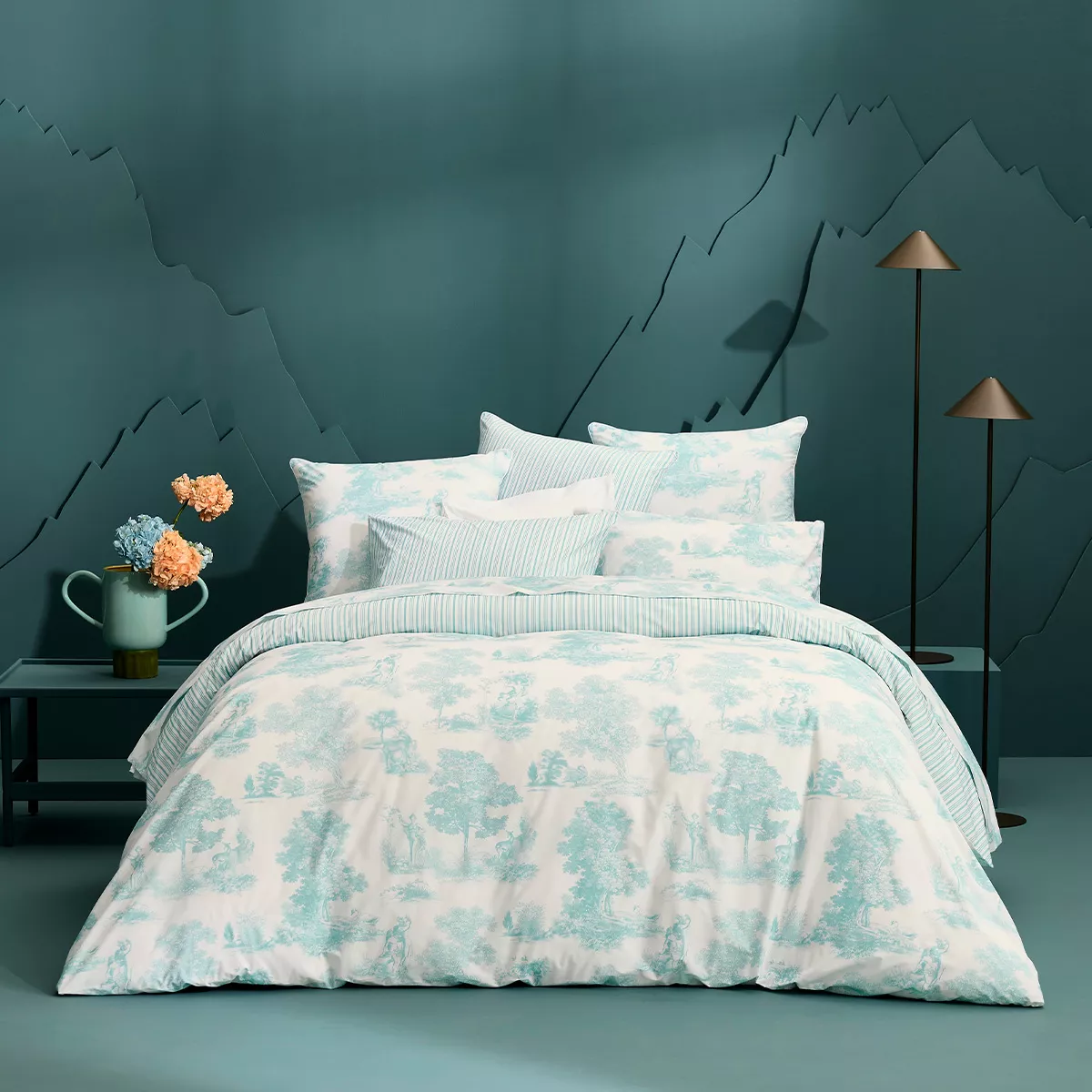 Parure de lit percale de coton imprimé bleu Poesie aqua