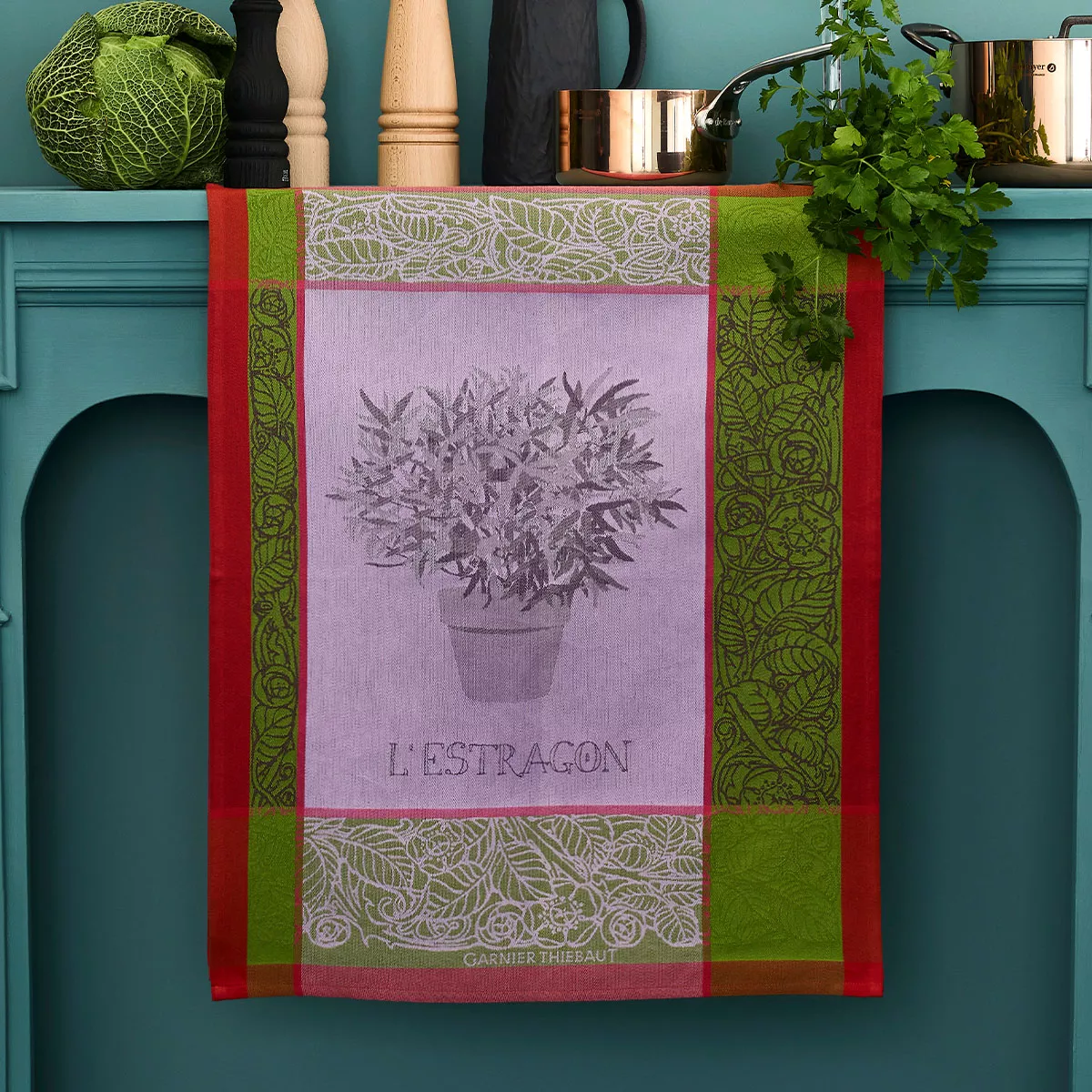 Torchon pur coton motif jacquard vert violet Estragon mousse