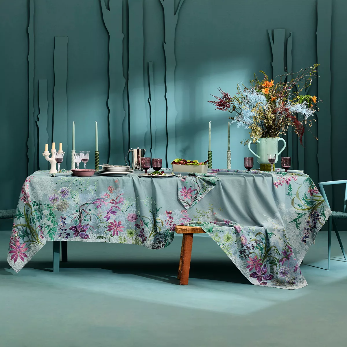 Linge de table lin & coton lavé 150 g/m² imprimé violet bleu Ombres boisees givre
